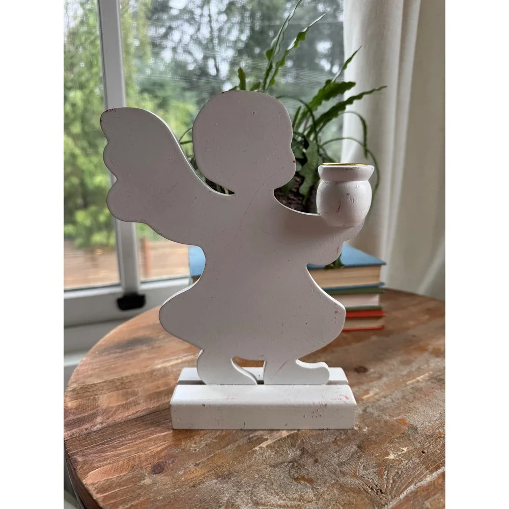 Vintage White Wooden Angel Taper Candle Holder Folk Art Christmas Decor 8.5 Inch